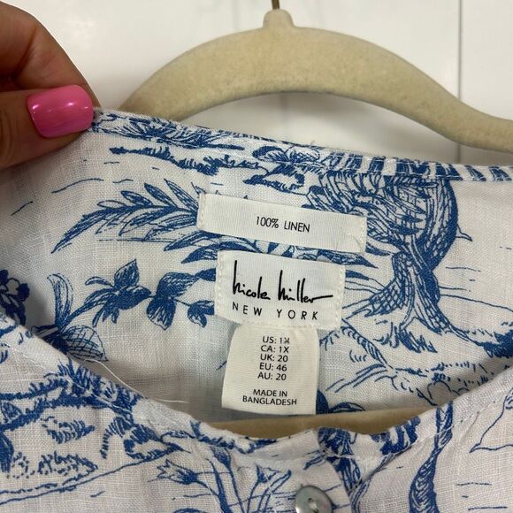 Nicole Miller Blouse Tunic 1X Blue White Linen Floral Long Sleeve Button Toile - Picture 16 of 16